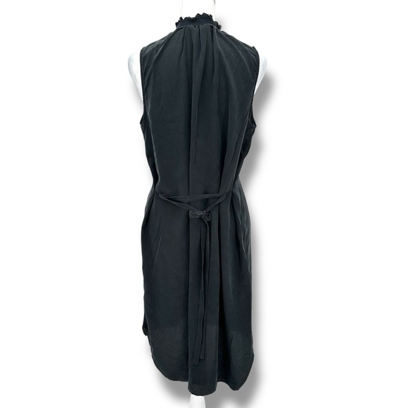 Amour Vert Black 100% Silk Tie Neck Midi Dress L Minimal Chic Quiet Luxury USA - Picture 2 of 9